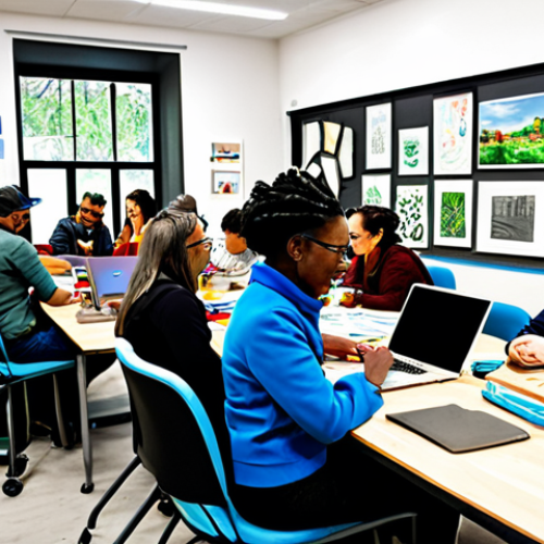 **

A collaborative workshop scene, featuring community members and social enterprise representatives working together on a project. Tables are covered with design prototypes, laptops, and crafting materials. The atmosphere is bright and energetic, filled with diverse individuals in modest, professional clothing. The background shows a community center with artwork and plants. Focus on the collaborative spirit and shared knowledge. Appropriate attire, safe for work, fully clothed, professional environment, perfect anatomy, correct proportions, well-formed hands, proper finger count, natural pose, high quality, family-friendly.

**