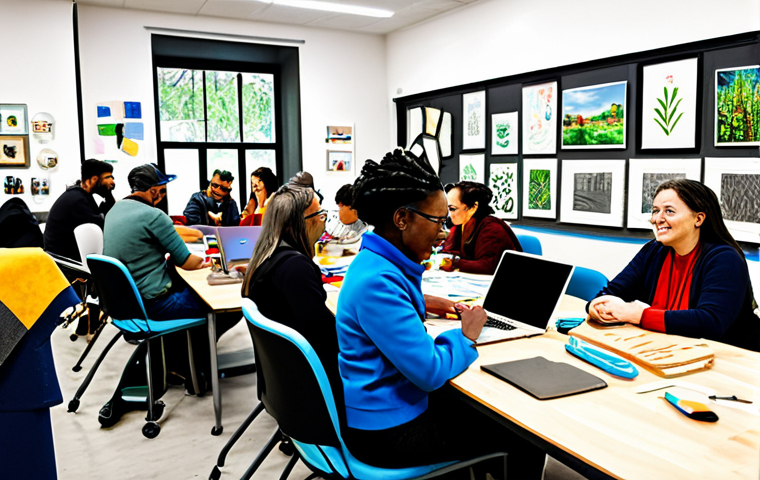 **

A collaborative workshop scene, featuring community members and social enterprise representatives working together on a project. Tables are covered with design prototypes, laptops, and crafting materials. The atmosphere is bright and energetic, filled with diverse individuals in modest, professional clothing. The background shows a community center with artwork and plants. Focus on the collaborative spirit and shared knowledge. Appropriate attire, safe for work, fully clothed, professional environment, perfect anatomy, correct proportions, well-formed hands, proper finger count, natural pose, high quality, family-friendly.

**
