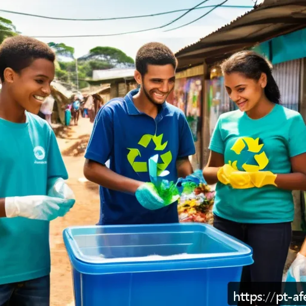 미래 공동체에서의 자원 재활용 - A vibrant Brazilian community recycling cooperative scene: diverse group of adults and teenagers in ...