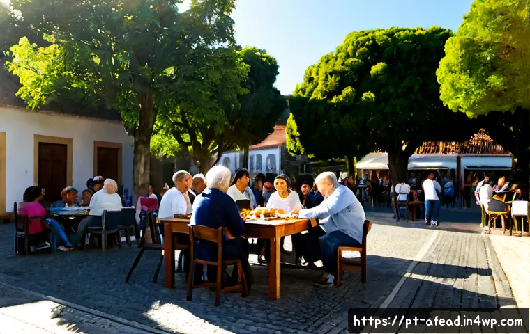Home 15 공동체 형성에 대한 사회적 변화 - Photorealistic community gathering in a sunny Portuguese-speaking neighborhood plaza, diverse adults...