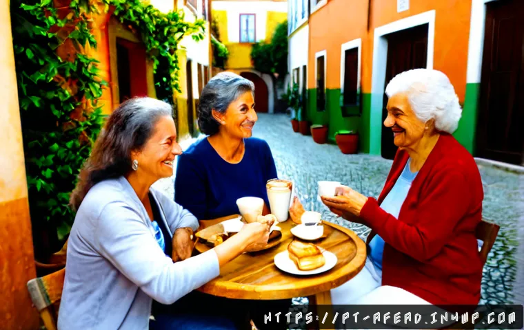 공동체 형성과 심리적 복지 - Photorealistic community gathering in a sunny Portuguese neighborhood courtyard, diverse adults and ...